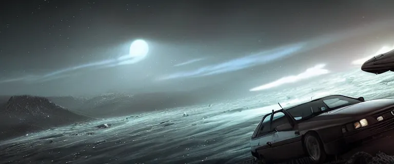 Prompt: Audi 80 B3 Avant (1988) floating in the void facing Kraken, a eerie horror sci-fi, star citizen, hopeless, dramatic lighting, cinematic, off-world, space, zero gravity, eldritch horror creatures floating through space, lack of ground, dark, establishing shot, extremely high detail, photorealistic, cinematic lighting, artstation, by simon stalenhag