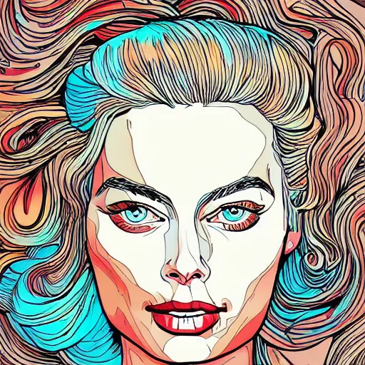 Image similar to detailed illustration of margot robbie in flat colour, by james jean, by yukio shimizu