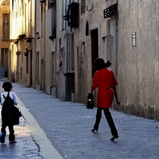 Prompt: a mother coming back from shop a huge bag of gold she is walking home in a street the street is empty and it's sunny