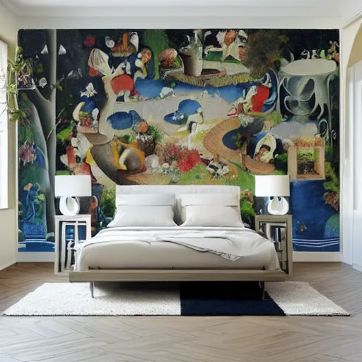 Prompt: a bedroom decorated with wall murals painted by bosch, 4 k