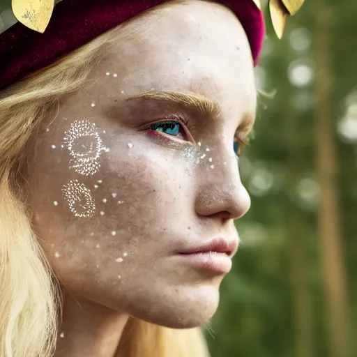 Image similar to A profile of a beautiful elf queen wearing three concentric crowns, golden hair, freckles, war paint, stunning makeup, serious stern look, forest background, magical glowing earrings, incredible detail, professional digital art, Sigma 85mm f/1.4, 4k