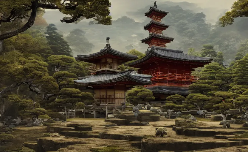 Image similar to highly detailed painting of old, ruined, fractured japanese pagoda from sengoku period, surrounded by dense rock formations, high in mountains, cinematic lighting, photobash, unreal engine render, nanite, raytracing, volumetric lighting