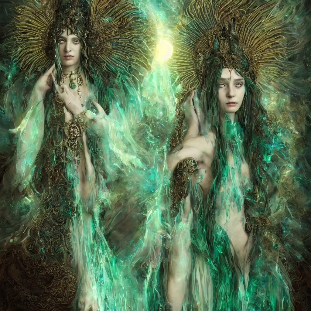 Image similar to wiccan high priestess with angelic face, super fine details and intricate jewellery with feathers and crystals, ethereal, in deep clear emerald water, divine realm of gods, solarpunk realistic cinematic style, high contrast filmed in 7 0 mm, volumetric lighting, octane render, concept art, leonardo davinci, unreal engine, greg rutkowski, zbrush, 8 k