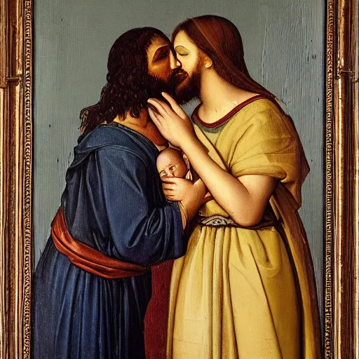 Image similar to an oil panting of a jesus kissing maria maddalena