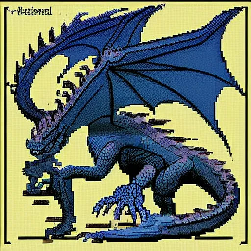 Image similar to blueprint of a fantasy dragon pixel art