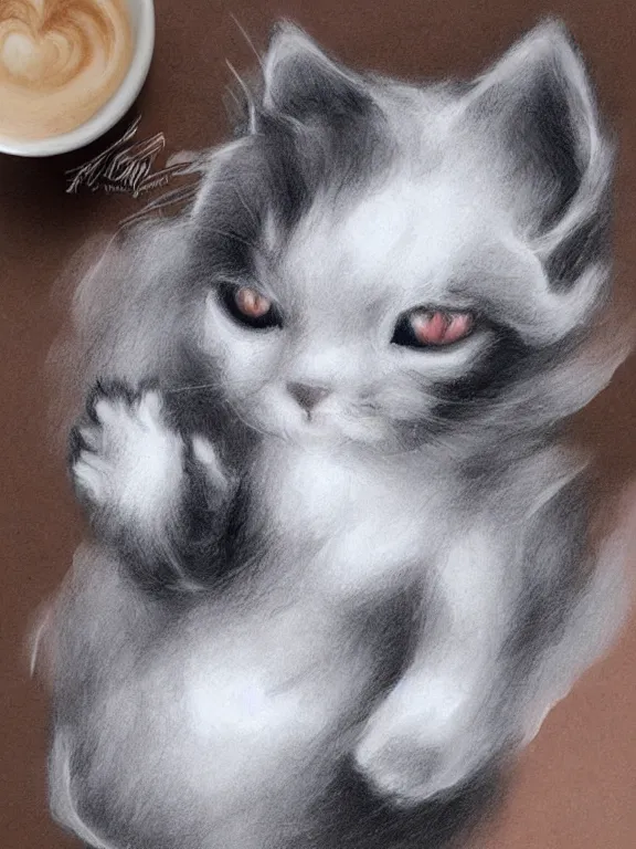 Image similar to A cute kitten made from clouds, by artgerm, beautiful, mixed media on toned paper, 2021, very detailed, coffee art