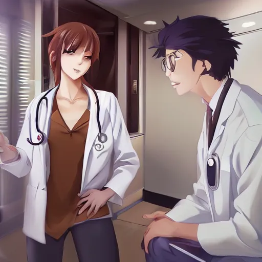 Image similar to a cute and beautiful young female doctor wearing white coat are talking with a handsome young man wearing white coat in a hospital ward, highly detailed, digital painting, slice of life anime, illustration, anime scenery by Makoto shinkai