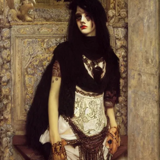 Image similar to Goth girl by Mario Testino, oil painting by Lawrence Alma-Tadema, masterpiece