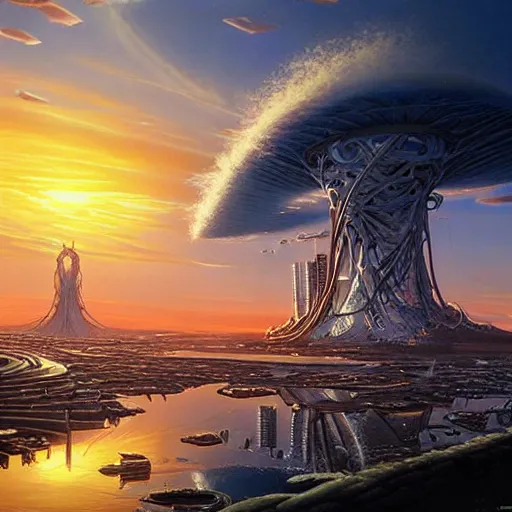 Prompt: bio-futurism, utopian city,differential growth,beautiful sunset,panoramic,michael whelan,photorealistic,detailed