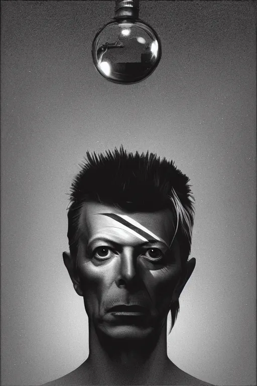 Prompt: portrait of david bowie's head inside an upside down light bulb, kintsugi, modern fine art, fractal, intricate, elegant, highly detailed, digital photography, subsurface scattering, by banksy and basquiat and greg rutkowski,