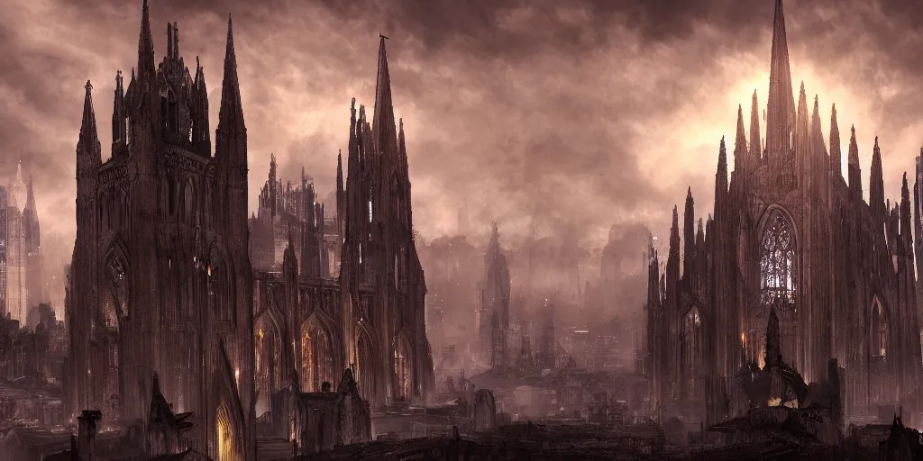 Image similar to a giant cathedral towering above the city, medieval, fantasy apocalypse, digital art, mmo, 4 k,