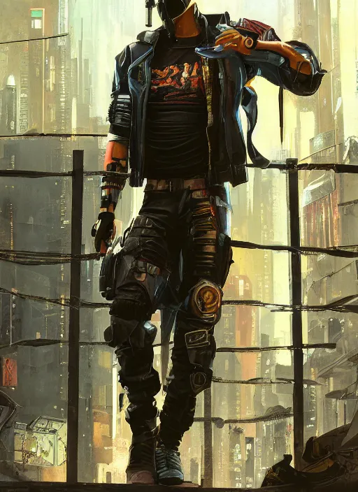 Prompt: Ezra. Cyberpunk mercenary in tactical gear climbing a security fence. rb6s, (Cyberpunk 2077), blade runner 2049, (matrix) Concept art by James Gurney, Craig Mullins and Alphonso Mucha. painting with Vivid color.