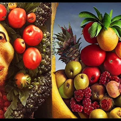 Image similar to giuseppe arcimboldo, fruits, unreal engine, new scifi movie