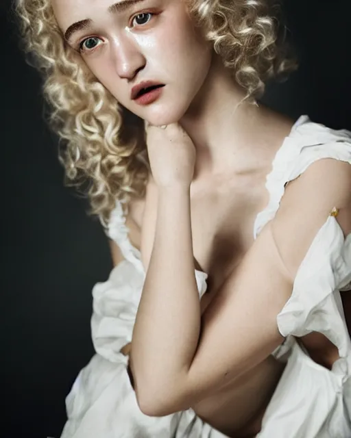 Image similar to photo of a model, face of julia garner, wearing a white dress, black hair, beauty, full body portrait, by greg kutkowski, by marat safin, sharp details, soft lighting, subsurface scattering, pearls of sweat, glistening skin, warm lighting