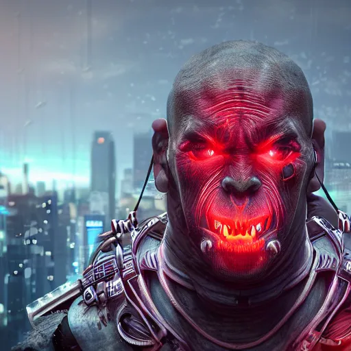 Image similar to hyper realistic cyberpunk orc, 8 k, photography, glowing lines, rule of thirds, ultra detailed.