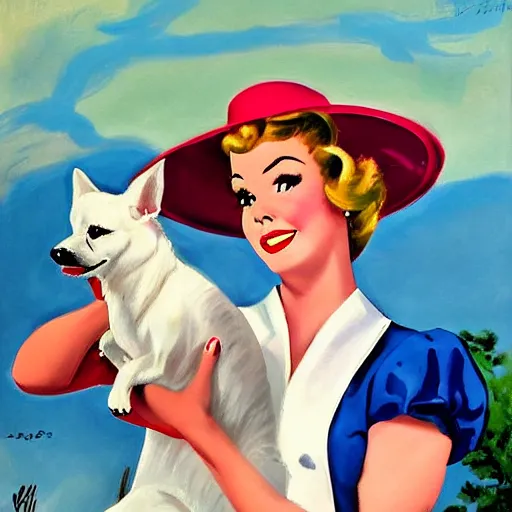 Prompt: a pin up driving with her white dog and big hat, award winning, 1 9 5 0 s painting