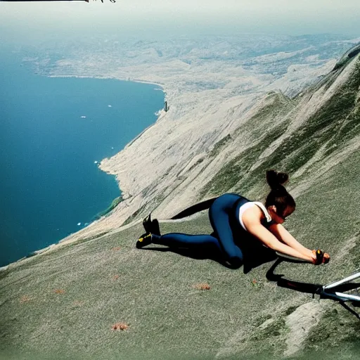 Prompt: extremely realistic photograph of a beautiful woman doing push-ups on a paraglided, 35mm photograph