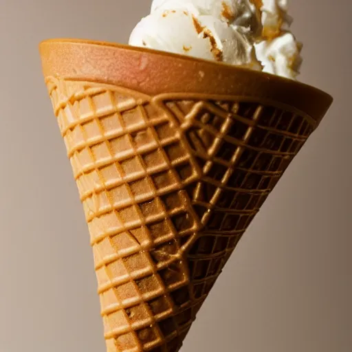 Prompt: an ice cream cone made out of high clarity amber ice, elegant and ornate,