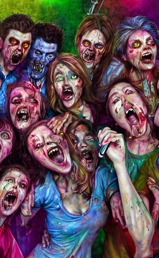 Prompt: beautiful detailed photorealistic painting of a group of friends dressed as zombies in a karaoke booth, singing karaoke into a mic. vibrant, high quality, vibrant colors, very funny, beautiful, hq. hd. 4 k. award winning. trending on artstation