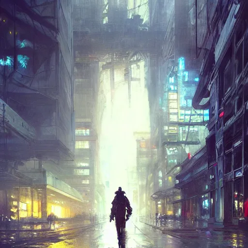 Image similar to wanderer, sidewalk of a cyberpunk megacity, dramatic lighting, detailed background, gorgeous view, realistic, high detail, depth of field, lightrays, atmospheric, digital art, painted by greg rutkowski, painted by jeremy mann, painted by alphonse mucha, trending on artstation