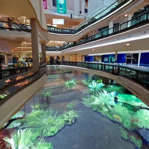 Image similar to photo of inside a shopping mall the inside is flooded with over 1 5 meters of water clear beautiful water, highly detailed.