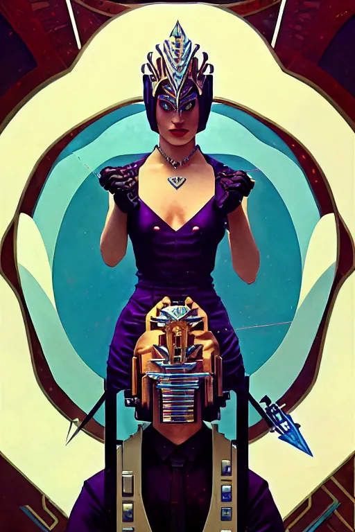 Image similar to art deco gta 5 killer queen profile picture by greg rutkowski, dynamic pose, intricate, futuristic, fantasy, elegant, by stanley artgerm lau, greg rutkowski, thomas kindkade, alphonse mucha, loish, norman rockwell, fantasy lut, asymmetric, long hair, retro computer graphics, video game, fluid lines,