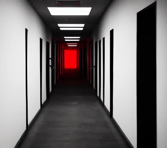 Image similar to spooky photo of a dark infinite hallway with open lit doorways all the way down, dramatic lighting, smoke, ceiling fluorescent lighting, black and red colour palette