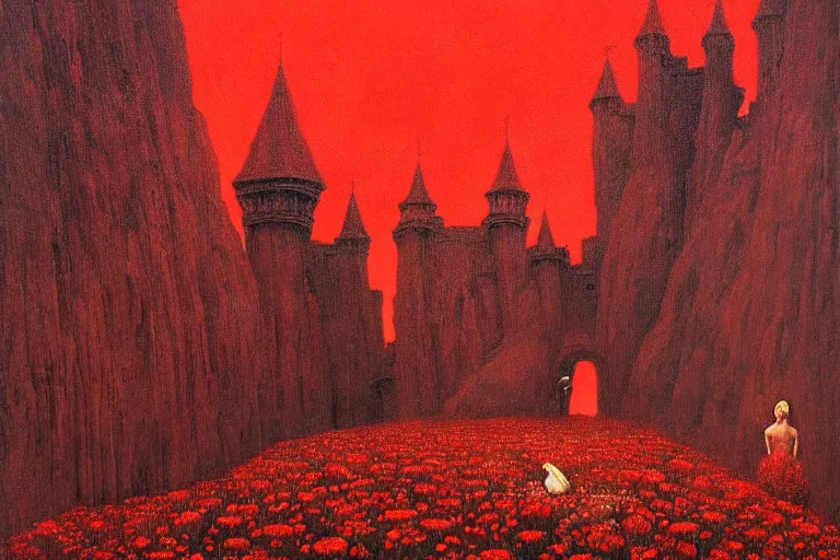 Image similar to only with red, red flowers of different types, a red tiger, a castle in the background, medieval demons dance over the flowers, an ancient path, in the style of beksinski, part by hopper, part by rodcenko, part by hofbauer, intricate composition, red by caravaggio, insanely quality, highly detailed, masterpiece, red light, artstation