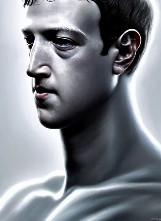 Prompt: mark zuckerberg as male android!, white plastc, wires, lifeless, dead eyes, portrait, intricate, elegant, highly detailed, digital painting, artstation, concept art, wallpaper, smooth, sharp focus, illustration, art by h. r. giger and artgerm and greg rutkowski and alphonse mucha