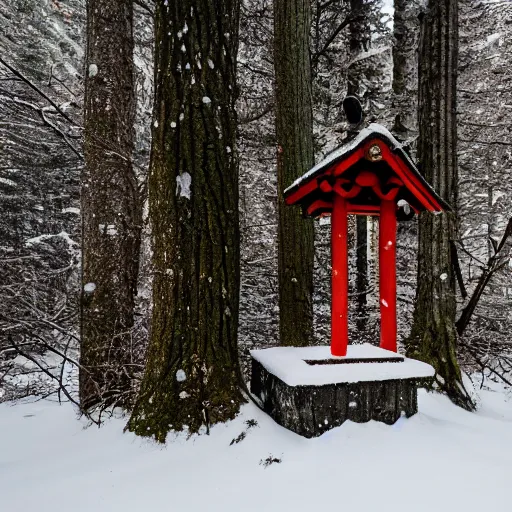 Prompt: a lonely shrine in a snowy forest at night, dim lighting from torches, 8 k award - winning photography