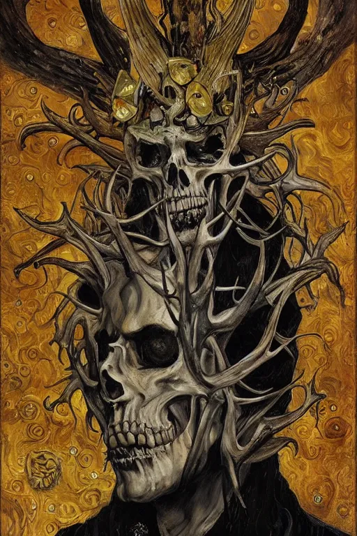 Image similar to The King of Bones by Karol Bak, Jean Deville, Gustav Klimt, and Vincent Van Gogh, portrait of a majestic demonic undead king, undead, lich lord, eyes on fire, fire in eyes, mystic eye, otherworldly, crown made of bones, antlers, horns, ornate jeweled crown, skull, fractal structures, arcane, inferno, inscribed runes, infernal relics, ornate gilded medieval icon, third eye, spirals, rich deep moody colors