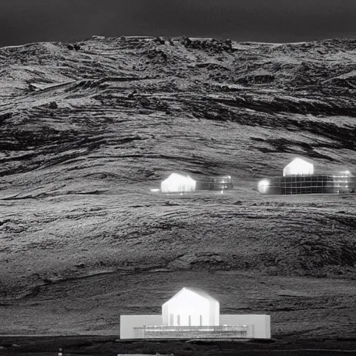 Prompt: on a barren mossy mountain in iceland, there are several huge white future cyberpunk buildings glowing, and wild animals, by hiroshi sugimoto