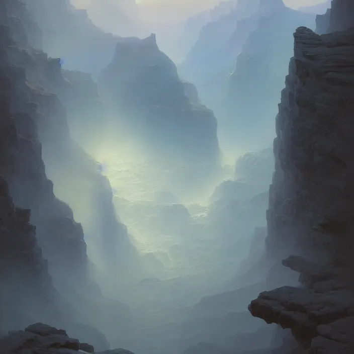 Prompt: a beautiful painting of a grand canyon by ivan aivazovsky and zdzisław beksinski and rene magritte and greg rutkowski and james gurney, in style of digital art. hyper detailed, sharp focus, soft light. octane render. ray tracing. trending on artstation