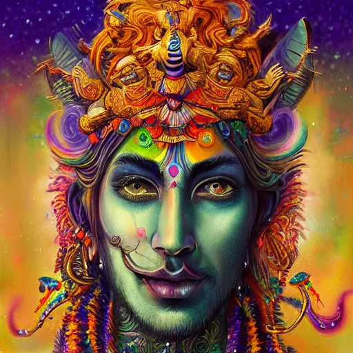 Image similar to An extremely psychedelic portrait of Shiva, surreal, LSD, face, detailed, intricate, elegant, lithe, highly detailed, digital painting, artstation, concept art, smooth, sharp focus, illustration