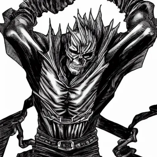 Prompt: Nikolas Cage as a Ghost Rider by Kentaro Miura, highly detailed, black and white