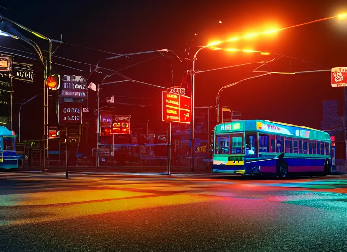 Image similar to trolleybus stands at a stop, headlights shine with neon light, atmospheric, futuristic, cyberpunk, ray tracing global illumination, 8 k resolution, ultra detailed