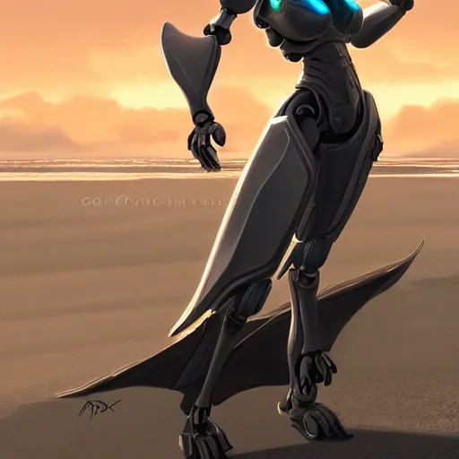 Prompt: realistic detailed stunning anthropomorphic female robot dragon doing an elegant pose, sleek streamlined armor and design, on the beach during sunset, high quality, artstation, deviantart, furaffinity