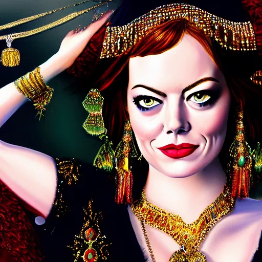Image similar to a portrait of emma stone dressed as a belly dancer, arabian night, high quality, fully detailed, 4 k, in focus face with fine details, realistic hand details and anatomy