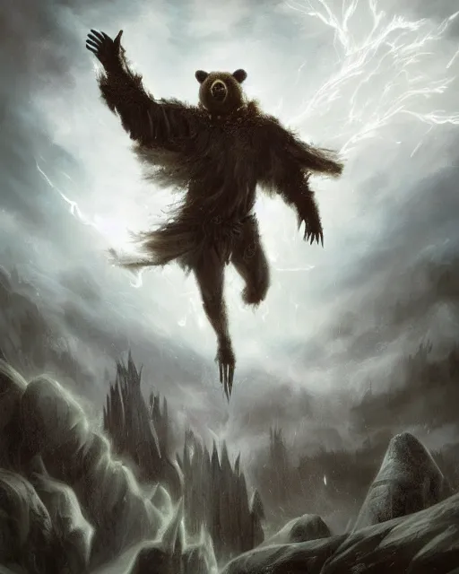 Image similar to oil painting of Anthropomorphized Bear Shaman casting spell, magical runes flying, wearing fur cloak, sharp focus, lightning storm background, magical aura, evil, heroic pose, fantasy style, octane render, volumetric lighting, 8k high definition, by greg rutkowski, highly detailed, trending on art Station, magic the gathering artwork, Thunderstorm background, centered, dramatic artwork