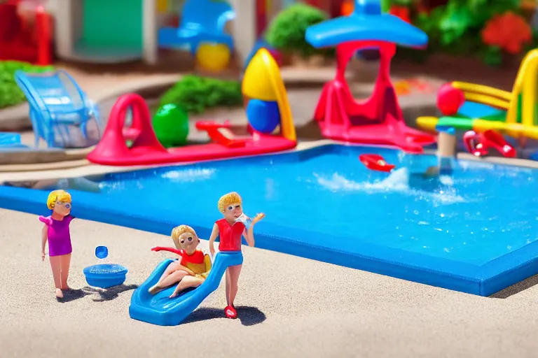 Image similar to fisher price public pool, california, in 2 0 1 5, sharp focus, scene from tv show hyper detailed 5 5 mm 8 5 mm, toy photography, made out of plastic