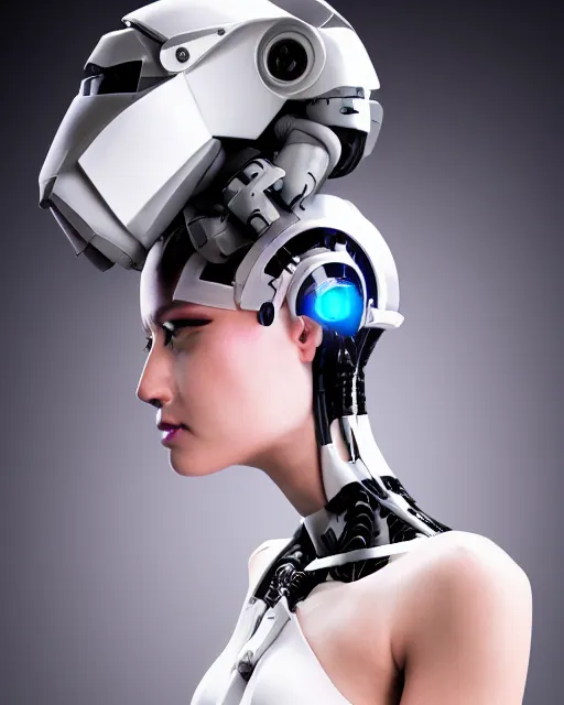 Prompt: 3 / 4 portrait photo of female dancer as a cyberpunk mecha humanoid robotic head shoulder parts with straight bright led lights, inside white room, ultra - realistic and detailed, 8 k