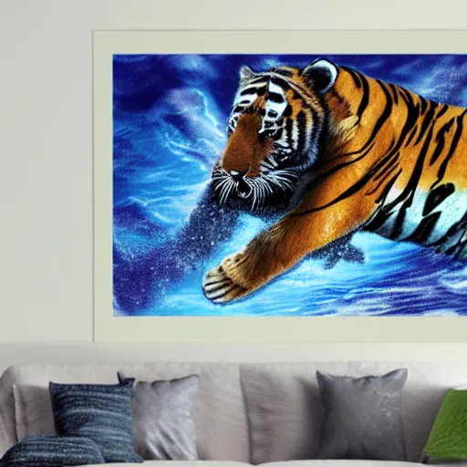 Image similar to a fuzzy dolphin with tiger stripes, matte fantasy painting,