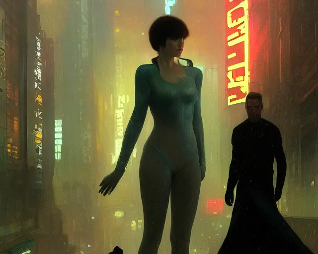 Image similar to 2 0 1 8 blade runner movie still girl look at the cityscape from roof perfect face fine realistic face pretty face reflective polymer suit tight neon puffy jacket blue futuristic sci - fi elegant by denis villeneuve tom anders zorn hans dragan bibin thoma greg rutkowski ismail inceoglu illustrated sand storm alphonse mucha