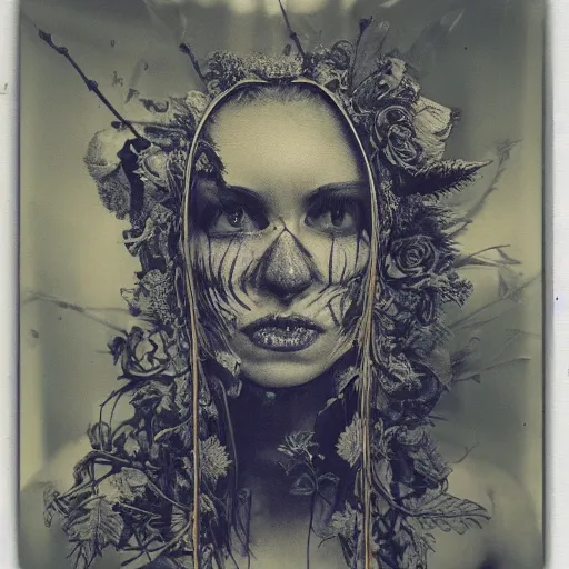 Image similar to a beautiful detailed front view portrait of a rotten woman corpse with fractal plants and fractal flowers growing around, volumetric light, beautiful lit, polaroid photography