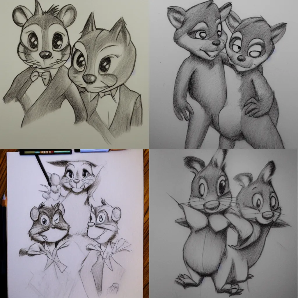 Prompt: Chip 'n Dale, pencil sketch