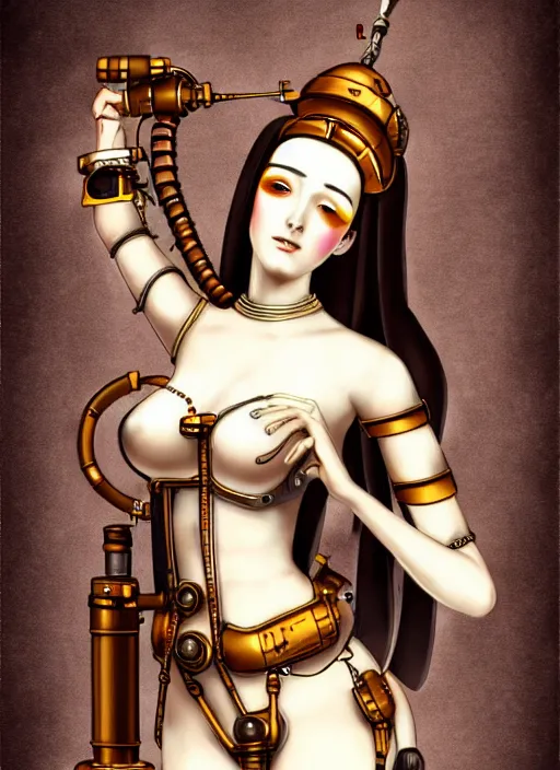 Image similar to image of beautyful female android steampunk by giotto,