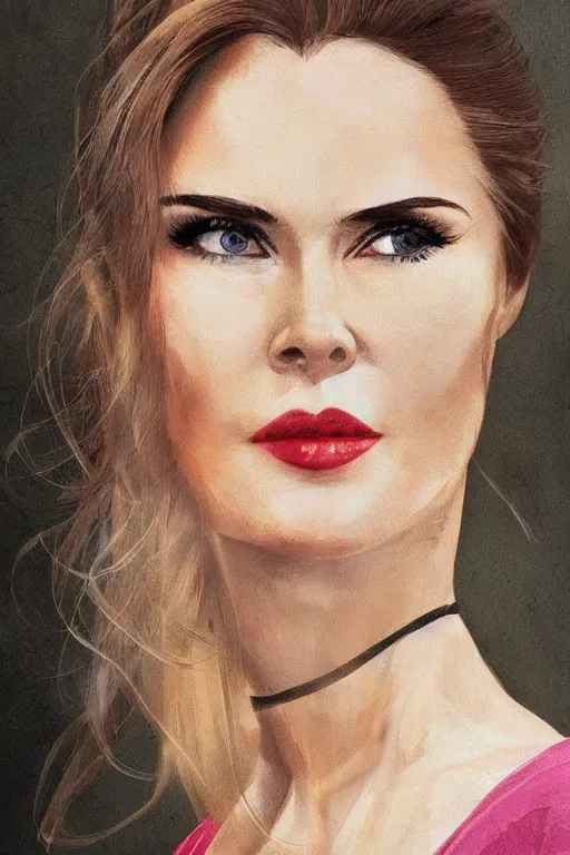 Image similar to mix of beautiful young maria shriver, mariel hemmingway, brooke shields, nicole kidman and elle macpherson as an alien creature, thin lips, hair tied up in a pony tail, dark blonde hair, colorful, artstation, cgsociety