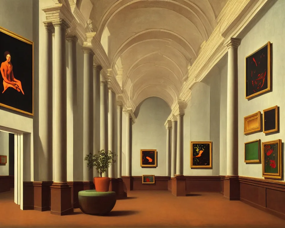 Prompt: an achingly beautiful print of the interior of a posh art museum with framed masterpieces covering the walls, potted plants, and classical antiquities in niches by Raphael, Hopper, and Rene Magritte. detailed, romantic, enchanting, trending on artstation.