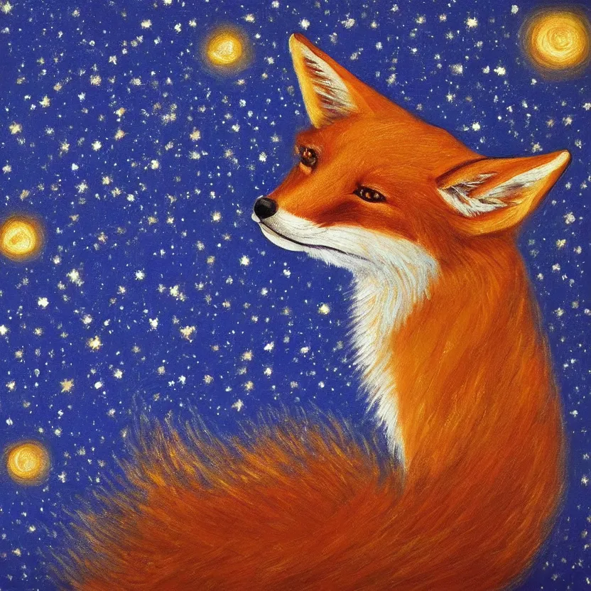 Prompt: a centred painting of a fox looking up at the stars in the style of Starry Night, highly detailed