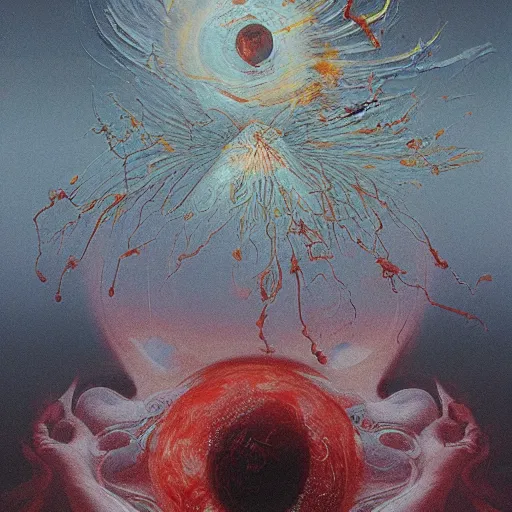 Image similar to a sphere being devoured by abstract splatters of white paint in the style of francis bacon, venus being engulfed in white flames in the style of james jean, surreal, beksinski, high detailed